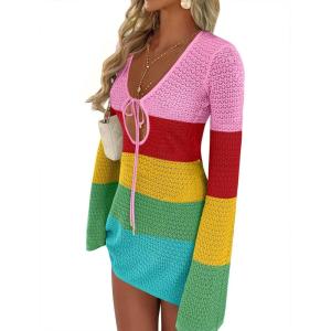 image:imageANRABESS Swimsuit Cover Up for Women Crochet Bathing Suit 2026 Summer Swimwear V Neck Mesh Knit Dress Beach Vacation ClothesRainbow Stripe