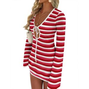 image:imageANRABESS Swimsuit Cover Up for Women Crochet Bathing Suit 2026 Summer Swimwear V Neck Mesh Knit Dress Beach Vacation ClothesRed White Stripe