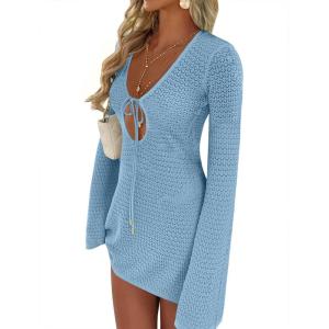 image:imageANRABESS Swimsuit Cover Up for Women Crochet Bathing Suit 2026 Summer Swimwear V Neck Mesh Knit Dress Beach Vacation ClothesSky