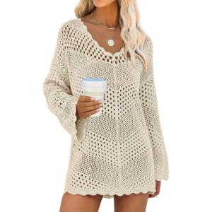 image:imageANRABESS Swimsuit Cover Up for Women Crochet Bathing Suit Summer Swimwear V Neck Mesh Knit Dress 2026 Beach Vacation ClothesBeige