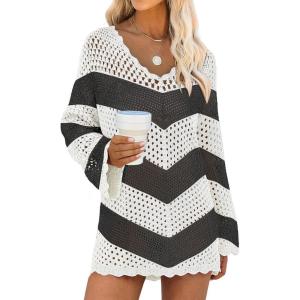 image:imageANRABESS Swimsuit Cover Up for Women Crochet Bathing Suit Summer Swimwear V Neck Mesh Knit Dress 2026 Beach Vacation ClothesChevron Black White Stripes