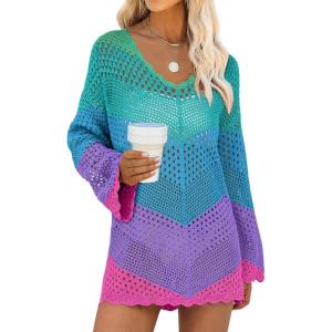 image:imageANRABESS Swimsuit Cover Up for Women Crochet Bathing Suit Summer Swimwear V Neck Mesh Knit Dress 2026 Beach Vacation ClothesChevron Rainbow Stripes