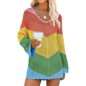 image:imageANRABESS Swimsuit Cover Up for Women Crochet Bathing Suit Summer Swimwear V Neck Mesh Knit Dress 2026 Beach Vacation ClothesChevron Rainbow Stripes 2