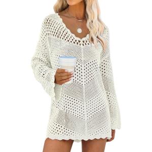 image:imageANRABESS Swimsuit Cover Up for Women Crochet Bathing Suit Summer Swimwear V Neck Mesh Knit Dress 2026 Beach Vacation ClothesCream White