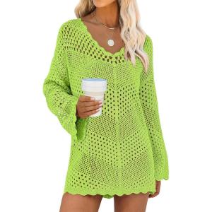 image:imageANRABESS Swimsuit Cover Up for Women Crochet Bathing Suit Summer Swimwear V Neck Mesh Knit Dress 2026 Beach Vacation ClothesGreenyellow