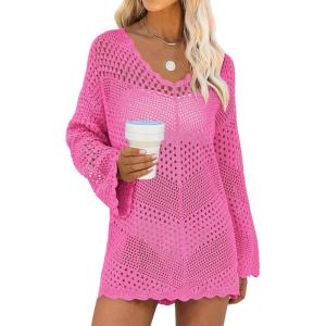 image:imageANRABESS Swimsuit Cover Up for Women Crochet Bathing Suit Summer Swimwear V Neck Mesh Knit Dress 2026 Beach Vacation ClothesHot Pink