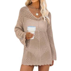 image:imageANRABESS Swimsuit Cover Up for Women Crochet Bathing Suit Summer Swimwear V Neck Mesh Knit Dress 2026 Beach Vacation ClothesKhaki