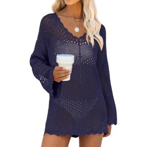 image:imageANRABESS Swimsuit Cover Up for Women Crochet Bathing Suit Summer Swimwear V Neck Mesh Knit Dress 2026 Beach Vacation ClothesNavy Blue