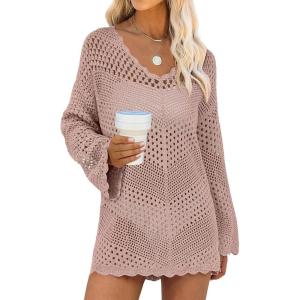 image:imageANRABESS Swimsuit Cover Up for Women Crochet Bathing Suit Summer Swimwear V Neck Mesh Knit Dress 2026 Beach Vacation ClothesPink