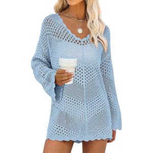 image:imageANRABESS Swimsuit Cover Up for Women Crochet Bathing Suit Summer Swimwear V Neck Mesh Knit Dress 2026 Beach Vacation ClothesSky