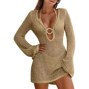 image:imageANRABESS Women Beach Crochet Cover Ups Summer Knit Swimwear Mesh Bathing Suit Hollow Out Dress 2026 Vacation SwimsuitKhaki