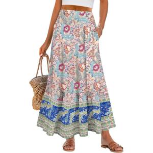 image:imageANRABESS Women Boho Floral Maxi Skirts High Waisted Tiered Skirt Flowy Beach Skirts with Pockets for Vacation amp Summer WearApricot