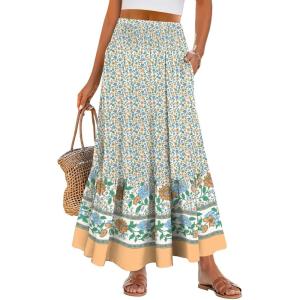 image:imageANRABESS Women Boho Floral Maxi Skirts High Waisted Tiered Skirt Flowy Beach Skirts with Pockets for Vacation amp Summer WearBlue Floral