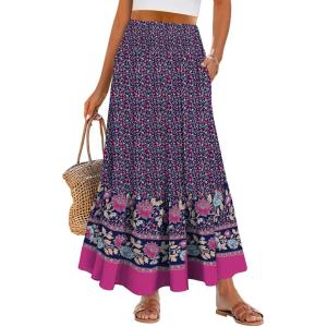 image:imageANRABESS Women Boho Floral Maxi Skirts High Waisted Tiered Skirt Flowy Beach Skirts with Pockets for Vacation amp Summer WearDeep Purple Floral