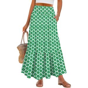 image:imageANRABESS Women Boho Floral Maxi Skirts High Waisted Tiered Skirt Flowy Beach Skirts with Pockets for Vacation amp Summer WearLight Green