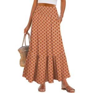 image:imageANRABESS Women Boho Floral Maxi Skirts High Waisted Tiered Skirt Flowy Beach Skirts with Pockets for Vacation amp Summer WearOrange