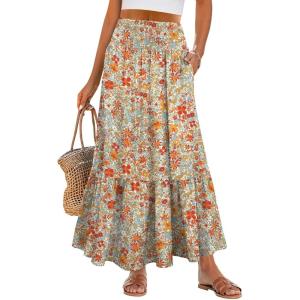 image:imageANRABESS Women Boho Floral Maxi Skirts High Waisted Tiered Skirt Flowy Beach Skirts with Pockets for Vacation amp Summer WearOrange Red Floral