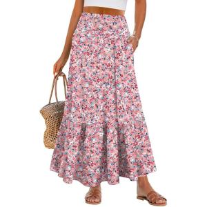 image:imageANRABESS Women Boho Floral Maxi Skirts High Waisted Tiered Skirt Flowy Beach Skirts with Pockets for Vacation amp Summer WearPink Floral