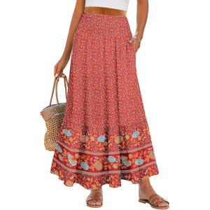 image:imageANRABESS Women Boho Floral Maxi Skirts High Waisted Tiered Skirt Flowy Beach Skirts with Pockets for Vacation amp Summer WearRed Blue Floral