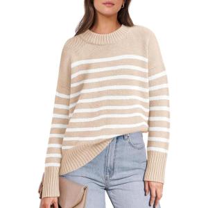 image:imageANRABESS Women Fall Fashion Sweaters Striped Long Sleeve Crewneck Loose Fit Cozy Knit Trendy Pullover Sweater Tops Beige White Stripe Small
