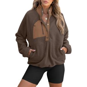 image:imageANRABESS Women Fuzzy Fleece Pullover Sherpa Sweatshirt Long Sleeve Button Down Warm Soft Color Block Jackets with PocketsBrown