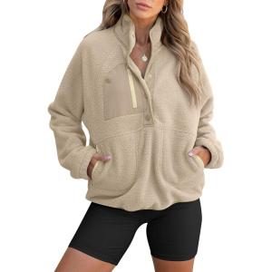 image:imageANRABESS Women Fuzzy Fleece Pullover Sherpa Sweatshirt Long Sleeve Button Down Warm Soft Color Block Jackets with PocketsLight Khaki