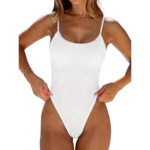 image:imageANRABESS Women One Piece Swimsuit Backless Full Coverage Ribbed Adjustable Strap Bathing Suit Beach Vacation Clothes SwimwearWhite