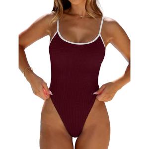 image:imageANRABESS Women One Piece Swimsuit Backless Full Coverage Ribbed Adjustable Strap Bathing Suit Beach Vacation Clothes SwimwearWine Red