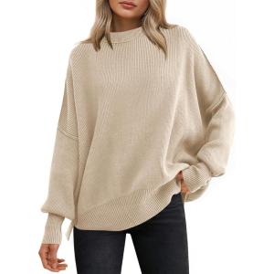 image:imageANRABESS Women Oversized Sweaters Batwing Long Sleeve 2026 Fall Outfits Crewneck Casual Knit Side Slit Fashion Pullover TopApricot
