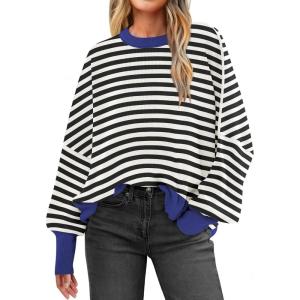 image:imageANRABESS Women Oversized Sweaters Batwing Long Sleeve 2026 Fall Outfits Crewneck Casual Knit Side Slit Fashion Pullover TopBlack White