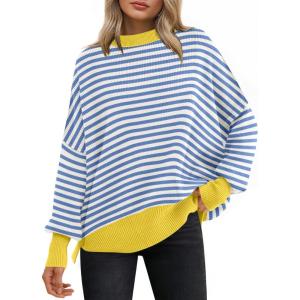 image:imageANRABESS Women Oversized Sweaters Batwing Long Sleeve 2026 Fall Outfits Crewneck Casual Knit Side Slit Fashion Pullover TopBlue White