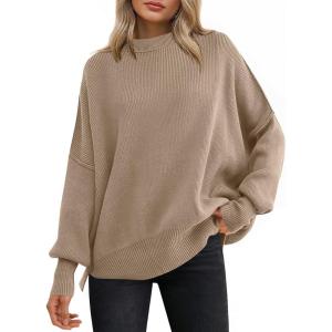 image:imageANRABESS Women Oversized Sweaters Batwing Long Sleeve 2026 Fall Outfits Crewneck Casual Knit Side Slit Fashion Pullover TopBright Tan