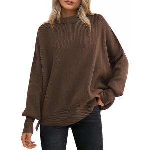 image:imageANRABESS Women Oversized Sweaters Batwing Long Sleeve 2026 Fall Outfits Crewneck Casual Knit Side Slit Fashion Pullover TopCoffee
