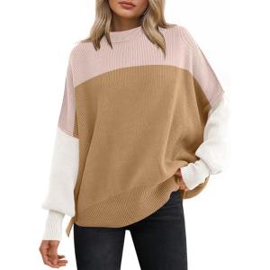 image:imageANRABESS Women Oversized Sweaters Batwing Long Sleeve 2026 Fall Outfits Crewneck Casual Knit Side Slit Fashion Pullover TopColorblock Pink