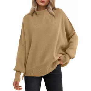 image:imageANRABESS Women Oversized Sweaters Batwing Long Sleeve 2026 Fall Outfits Crewneck Casual Knit Side Slit Fashion Pullover TopDeep Apricot