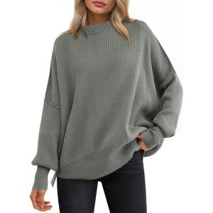 image:imageANRABESS Women Oversized Sweaters Batwing Long Sleeve 2026 Fall Outfits Crewneck Casual Knit Side Slit Fashion Pullover TopKhaki Green