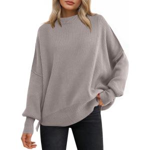 image:imageANRABESS Women Oversized Sweaters Batwing Long Sleeve 2026 Fall Outfits Crewneck Casual Knit Side Slit Fashion Pullover TopLight Grey Khaki