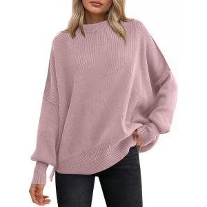 image:imageANRABESS Women Oversized Sweaters Batwing Long Sleeve 2026 Fall Outfits Crewneck Casual Knit Side Slit Fashion Pullover TopPink