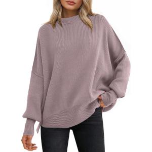 image:imageANRABESS Women Oversized Sweaters Batwing Long Sleeve 2026 Fall Outfits Crewneck Casual Knit Side Slit Fashion Pullover TopPink Apricot