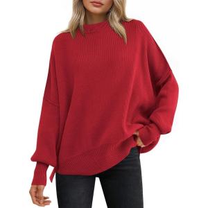 image:imageANRABESS Women Oversized Sweaters Batwing Long Sleeve 2026 Fall Outfits Crewneck Casual Knit Side Slit Fashion Pullover TopRed