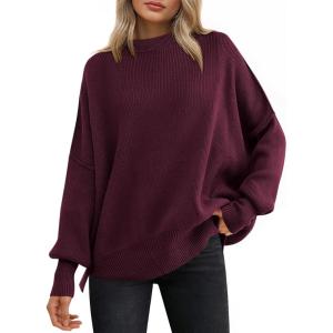 image:imageANRABESS Women Oversized Sweaters Batwing Long Sleeve 2026 Fall Outfits Crewneck Casual Knit Side Slit Fashion Pullover TopWine Red
