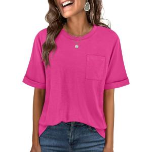 image:imageANRABESS Women Oversized T Shirts Short Sleeve Summer Casual Loose Top Basic Tee with PocketHot Pink