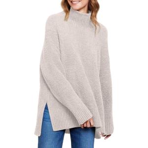 image:imageANRABESS Women Oversized Turtleneck Long Sleeve Fuzzy Knit Slit Side Chunky Warm Pullover Sweaters 2025Beige