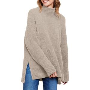 image:imageANRABESS Women Oversized Turtleneck Long Sleeve Fuzzy Knit Slit Side Chunky Warm Pullover Sweaters 2025Light Khaki