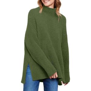 image:imageANRABESS Women Oversized Turtleneck Long Sleeve Fuzzy Knit Slit Side Chunky Warm Pullover Sweaters 2025Olive Green