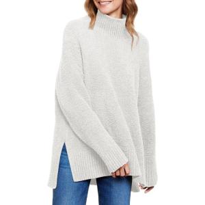 image:imageANRABESS Women Oversized Turtleneck Long Sleeve Fuzzy Knit Slit Side Chunky Warm Pullover Sweaters 2025White