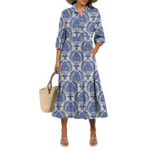 image:imageANRABESS Women Summer Dress 2026 34 Puff Sleeve Polo V Neck Floral Print Casual Boho Shirt Maxi Dress Beach Vacation ClothesBlue Khaki