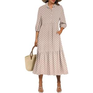 image:imageANRABESS Women Summer Dress 2026 34 Puff Sleeve Polo V Neck Floral Print Casual Boho Shirt Maxi Dress Beach Vacation ClothesBrown Khaki