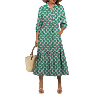 image:imageANRABESS Women Summer Dress 2026 34 Puff Sleeve Polo V Neck Floral Print Casual Boho Shirt Maxi Dress Beach Vacation ClothesFloral Green