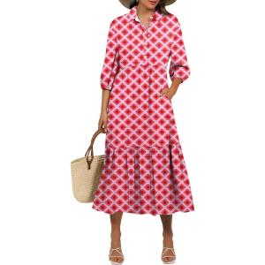 image:imageANRABESS Women Summer Dress 2026 34 Puff Sleeve Polo V Neck Floral Print Casual Boho Shirt Maxi Dress Beach Vacation ClothesFloral Red